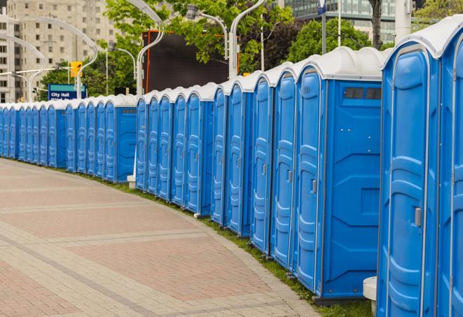 a row of portable restrooms at a fairground, offering visitors a clean and hassle-free experience in pickerington